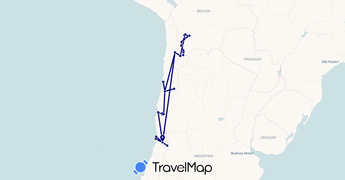 TravelMap itinerary: driving in Bolivia, Chile (South America)